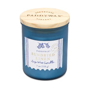 Paddywax COASTAL saulėje džiovinto lino kvapni žvakė stikliniame inde su mediniu dangteliu 8oz/226g